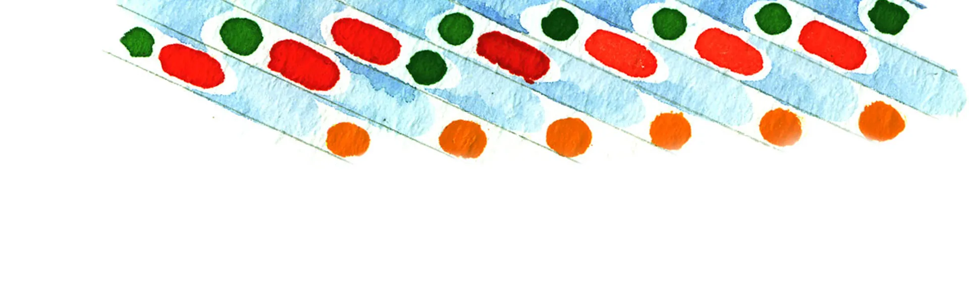 Medizinische Teststreifen mit farbigen Indikatoren in Grün, Rot und Orange auf weißem Hintergrund