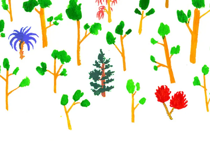 Bunte, handgezeichnete Bäume und Pflanzen in verschiedenen Farben auf weißem Hintergrund, die eine freundliche Waldlandschaft darstellen