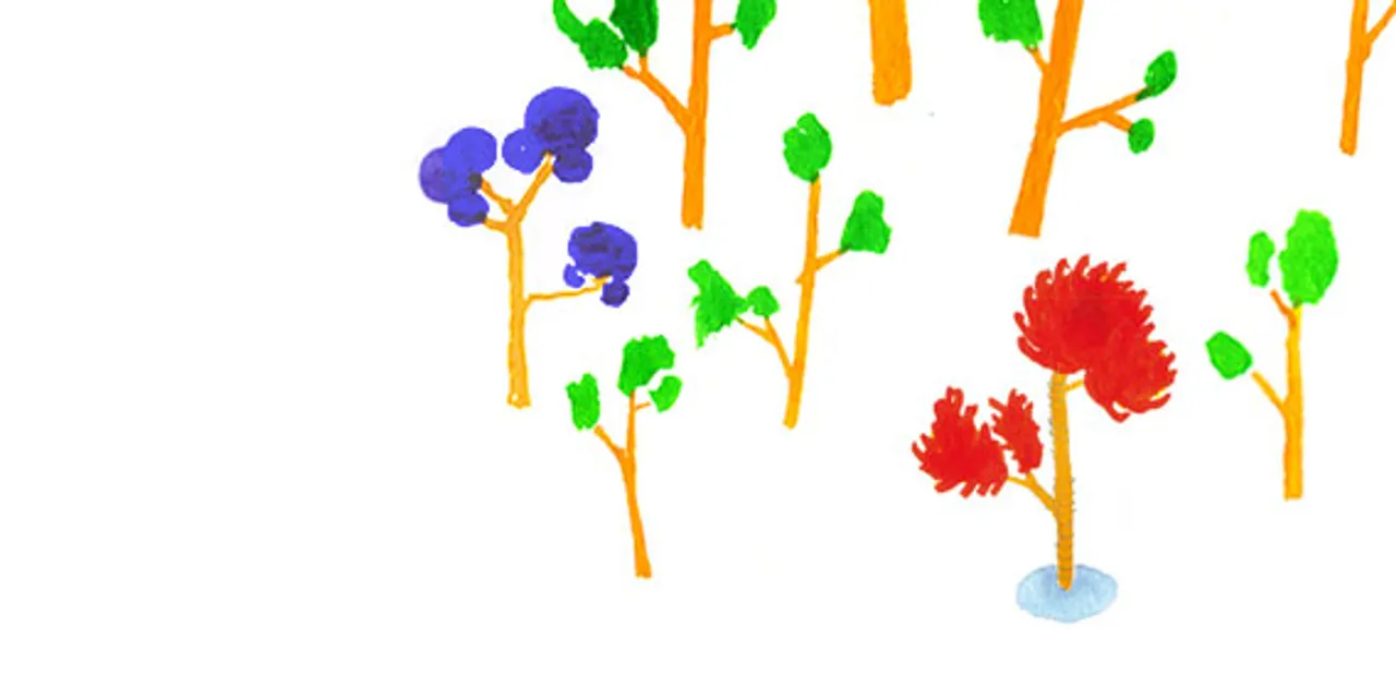 Stilisierte bunte Bäume und Pflanzen in verschiedenen Grün-, Rot- und Blautönen auf weißem Hintergrund